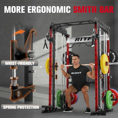 RitFit M1 Pro Smith Machine Cable Crossover Power Cage Home Gym - color: RED, size: M1 PRO (With BP260)