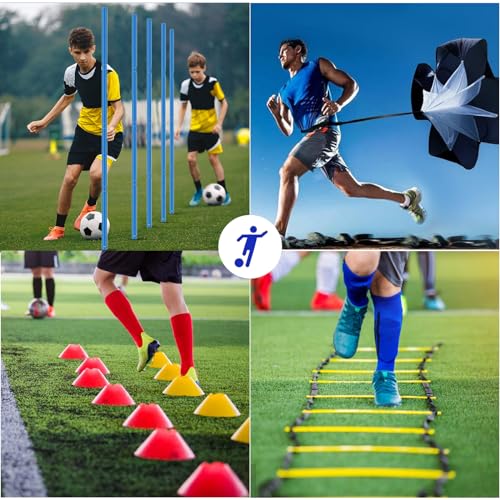 Speed & Agility Training Equipment-20ft Agility Ladder, 6 Poles, 12 Soccer Cones, Resistance Parachute, Jump Rope, Soccer Football Basketball Sport Training Set for Kids Youth Adults - color: Blue