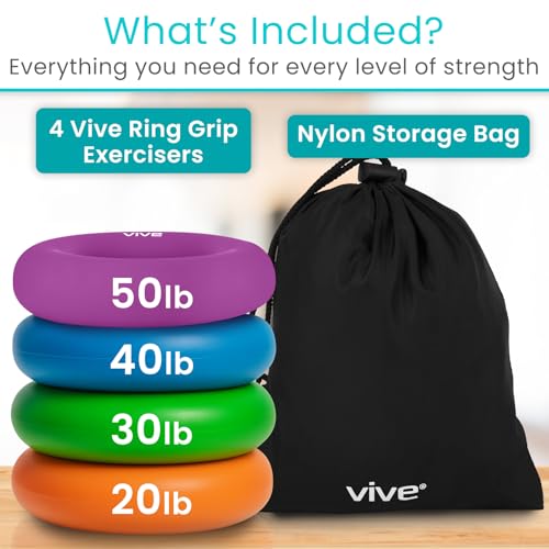 Vive Hand Strengthener Grip Ring - Forearm Ring Hand Exercisers - Silicone Squeezer Gripper for Muscle Strengthening Training Tool - Arthritis Finger Physical Therapy PT Kit Trainer - color: Multicolor (4 Pack)