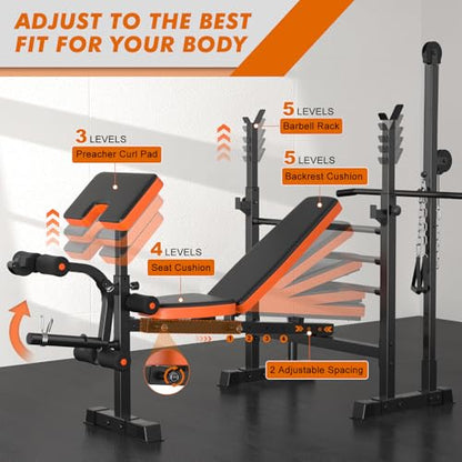 XDDIAS Bench Press Set, 880LBS Adjustable Weight Bench with Leg Extension and Preacher Curl Pad, 8 IN 1 Multi-Function Gym Bench with LAT Pulldown Pulley System, Full-Body Workout Home Gym Equipment - color: Black