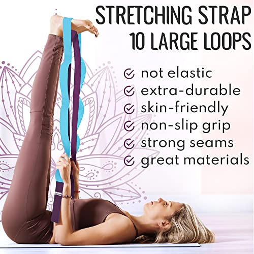 Stretching Strap with 10 Loops for Physical Therapy & Rehab | Non-Elastic Yoga Stretch Band for Hamstring, Leg, Hip & Knee Rehab, Pilates, Flexibility & Mobility Exercises for Men & Women