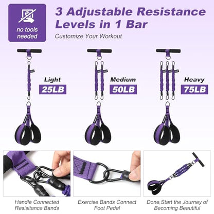 Foot Pedal Resistance Band with Handle,3 Tube Adjustable 75LB Exercise Bands,Upgrade Full Body Workout for Men & Women,Core Abs Legs Glutes Arms, Pilates Strength Training Home Gym Equipment