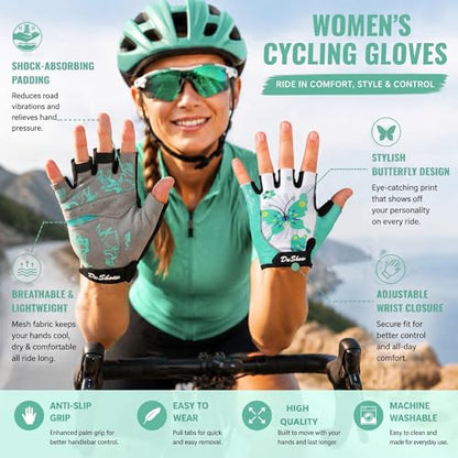 Women Half Finger Cycling Gloves, Pattern Printed with Anti-Slip Shock-Absorbing Pad for Road/Mountain Biking, Gym – Short Fingerless