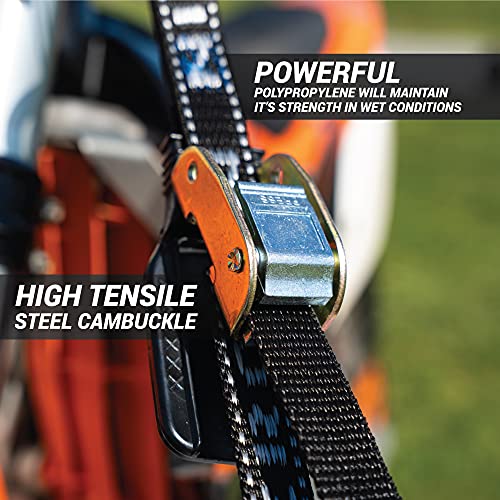 Heavy Duty Motorcycle Tie Down Straps - 1" x 8' Cam Buckle Straps with Soft Loops & Safety Hooks - Secures Motorbikes, Dirtbikes, ATV, UTV - 2 Pack
