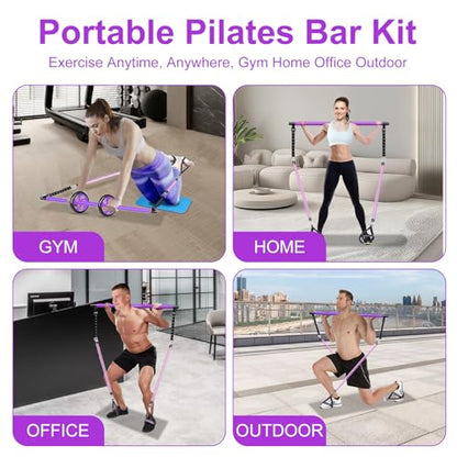 Pilates Bar Kit with Resistance Bands for Working Out, Pilates Equipment with Ab Roller for All Fitness Levels, Portable Home Gym Full Body Workout Equipment for Women&Men