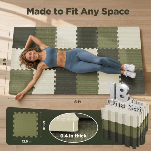 AIRHOP 18 PCS Gym Floor Mat, EVA Foam Puzzle Gym Mat, High-Density Interlocking Foam Floor Tiles for Home Gym, Play Workout Garage Kitchen Flooring 12.6"x12.6"x0.4"