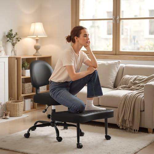 Homall Ergonomic Cross Legged Office Desk Chair with Wheels, 360° Swivel and Adjustable Height for Meditation and ADHD,Criss Cross Kneeling Chair with Lumbar Support (Leather, Black) - color: Black