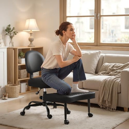 Homall Ergonomic Cross Legged Office Desk Chair with Wheels, 360° Swivel and Adjustable Height for Meditation and ADHD,Criss Cross Kneeling Chair with Lumbar Support (Leather, Black) - color: Black