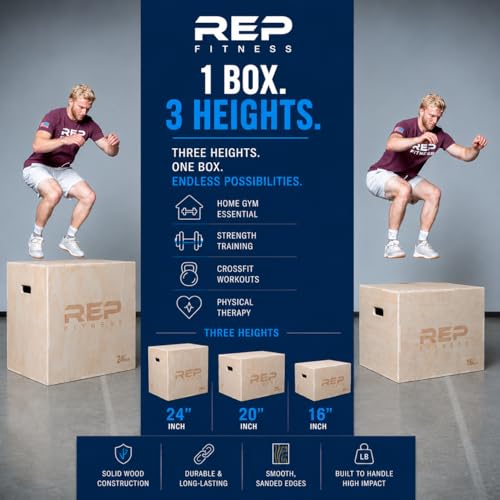 Rep Plyometric Wood Jump Box | CrossFit & Strength Training | 12 to 30" Range of Wooden Step Platforms | Gym & Sports Workouts | Fitness, Exercise, Physical Therapy Equipment | Pro Conditioning Tool - size: Medium, 24" x 20" x 16"