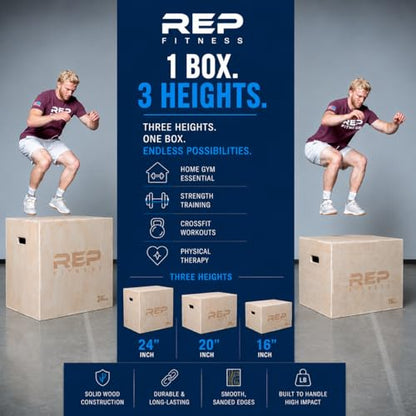 Rep Plyometric Wood Jump Box | CrossFit & Strength Training | 12 to 30" Range of Wooden Step Platforms | Gym & Sports Workouts | Fitness, Exercise, Physical Therapy Equipment | Pro Conditioning Tool - size: Medium, 24" x 20" x 16"