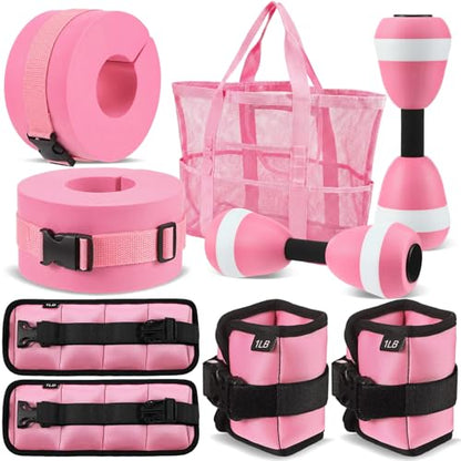 7 Pcs Aquatic Exercise Set Water Aerobics Set Including 2 Ankle/Wrist Weights for Land or Water 2 Exercise Foam Dumbbells Cuffs Large Mesh Beach Bag for Pool Weight Loss