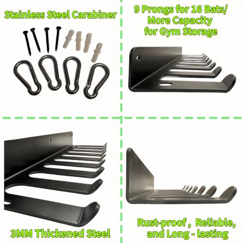 3MM Steel Baseball Bat Rack Wall Mount, 9-Prong Gym Storage Holder