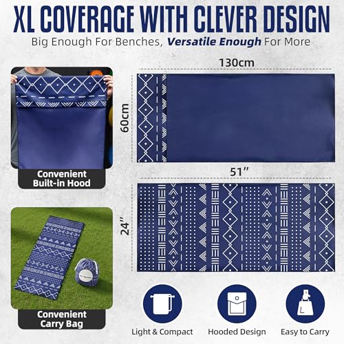 Hooded Microfiber Gym Towel – Highly Absorbent Car Seat Towel with Carry Bag – Double-Sided Sweat Towel, Reversible, Quick Dry & Sand-Resistant Fabric, Aztech Blue, 130 x 60cm