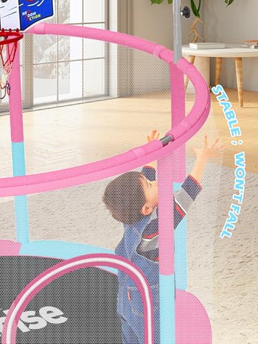 55IN 6FT Toddler Trampoline for Kids Indoor Outdoor Play for Kids Trampoline Basketball Hoop Attachment with Enclosure Net Easy to Assemble