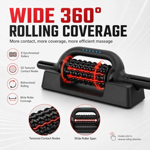 630nm Red Light Electric Rolling Massager with Hands-Free Base, 6-Speed Cordless Muscle Roller for Legs, Feet, Calves, Thighs & Back, Wide Massage Roller Stick for Post Workout Recovery (Black)