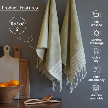 TFLC Turkish Cotton Kitchen & Bath Towels, Set of 2, 40x18”, Sage Green - color: Sage Green, size: 40x18" - Set of 2
