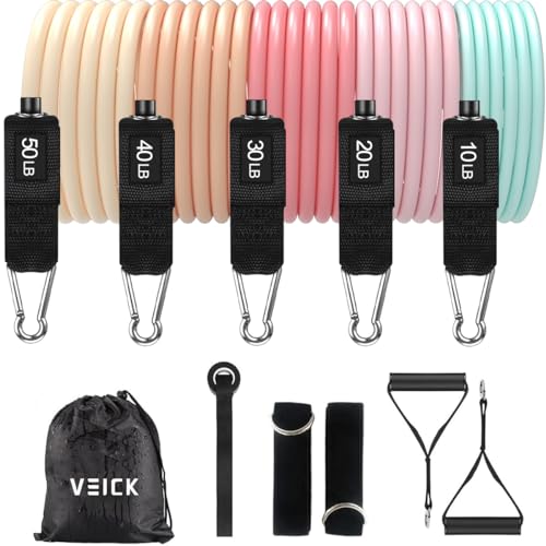VElCK Resistance Bands Set with Handles for Exercise, Workout and Home Gym - color: Light Pink, size: 10-150LBS