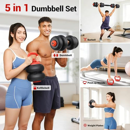 Adjustable Dumbbell Set, Free Weight Set with Silent Anti-Collision Air Cushion with Connector, 5-in-1 Dumbbells Set Includes Barbell, Kettlebells, Push up Stand, Weight Plate, Exercise & Fitness Dumbbells Weight Set for Home Gym Suitable Men/Women