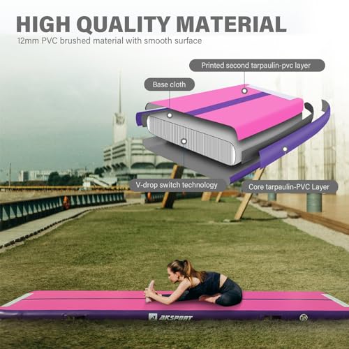 AKSPORT Gymnastics Air Mat Tumble Track Tumbling Mat Inflatable Floor Mats with Air Pump for Home Use/Tumble/Gym/Training/Cheerleading/Parkour/Beach/Park/Water
