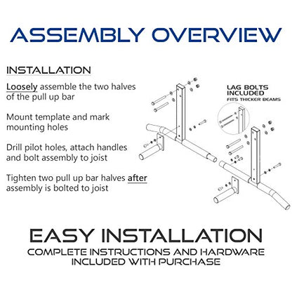 Joist Mount Pull Up Bar with Extra Hardware and Mounting Template for Easy Install to Beam or Rafter by Ultimate Body Press