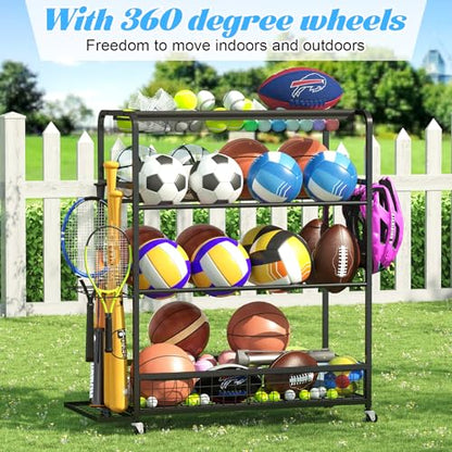 Jsskeeim Garage Sports Equipment Organizer,Sports Ball Organizer with Wheels,Mesh Pocket, Basket,Ball Organizer with Baseball Bat Rack and HooksToy Storage Rolling Cart-Black - style: 02