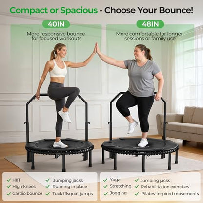 BCAN BT2 450/550LBS Mini Rebounder Trampoline for Adults with Bar, Fitness Trampoline with Bungees, Adjustable Handle, Stable & Quiet, Indoor Outdoor, Whole-Body Workout - 40IN/48IN | FED Fitness