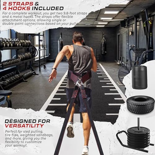 TAVIEW Sled Pulling Belt with Adjustable Closure, 2 Sled Pulling Straps & 4 Hooks – Ideal for Resistance Training, Strength
