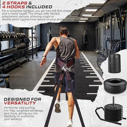 TAVIEW Sled Pulling Belt with Adjustable Closure, 2 Sled Pulling Straps & 4 Hooks – Ideal for Resistance Training, Strength