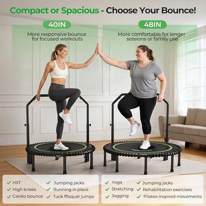 BCAN BT2 450/550LBS Mini Rebounder Trampoline for Adults with Bar, Fitness Trampoline with Bungees, Adjustable Handle, Stable & Quiet, Indoor Outdoor, Whole-Body Workout - 40IN/48IN | FED Fitness