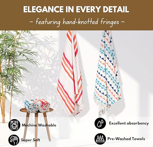 Native Fab Turkish Fouta Beach Towels - Set of 4 - Extra Large 40"x72" - 100% Cotton - Soft, Thick, Absorbent, Terry Towels for Adults, Swim, Bath - Boho Multi Pack - Red, Orange, Blue, Navy