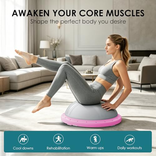 Half Balance Ball Trainer - Balance Ball Trainer with Resistance Bands and Foot Pump,Stability Ball for Exercise, Full-Body Workouts, Home Gym - color: pink