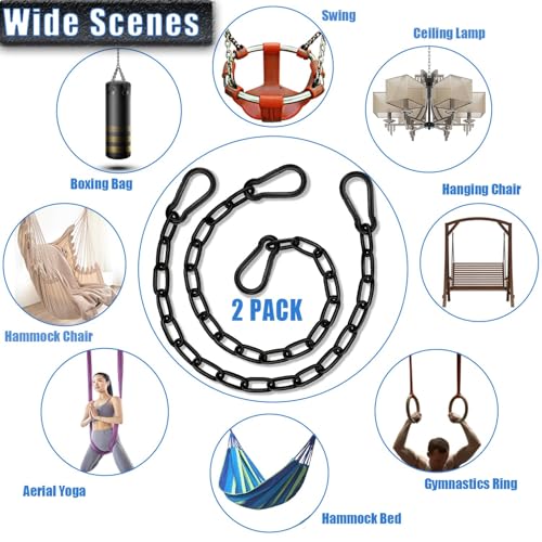2 Pack Hanging Swing Chain with 4 Carabiners 25in, 660LB Capacity Heavy Duty Hammock Hardware Kit for Punching Bags, Swing Chairs, Indoor & Outdoor Gym (Black)