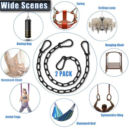 2 Pack Hanging Swing Chain with 4 Carabiners 25in, 660LB Capacity Heavy Duty Hammock Hardware Kit for Punching Bags, Swing Chairs, Indoor & Outdoor Gym (Black)