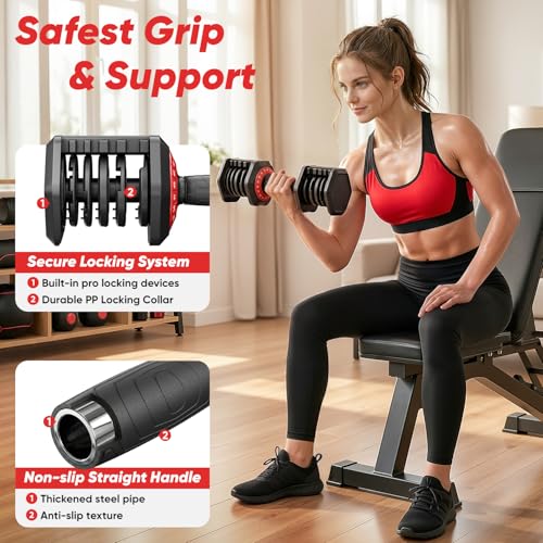 PIRIER Adjustable Dumbbell Set 50LB, 18-in-1 Free Weight Adjustable Dumbbells, One-Hand Twist Adjust, Space-Saving Design, Home Gym Strength Training Equipment for Men & Women
