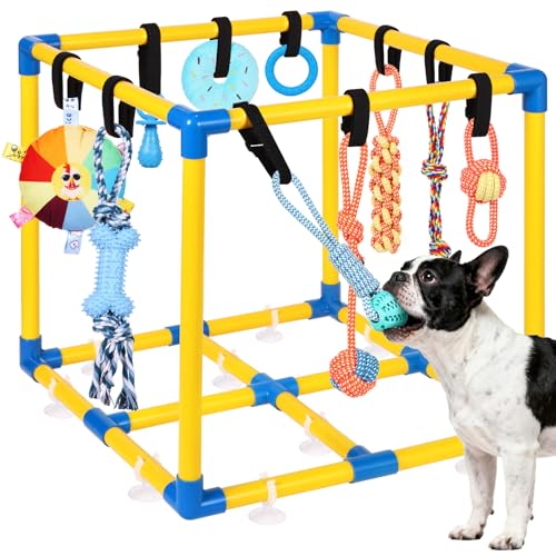 WLLEYAY Puppy Play Gym for Small Dogs 10 Hanging Toys,Interactive Dog Toys | Removable Indoor Jungle Gym,PVC Frame With Adjustable Bungee Straps, Interactive Tug Toys,Dogs Rope Toy To Keep Them Busy - color: Yellow & Blue