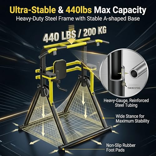Freestanding Pull Up Bar Station, Foldable Pull Up Tower & Dip Station for Home Gym Workout, Portable| 10-Level Adjustable Height| Heavy Duty Steel| 440 LBS - color: Black+Yellow