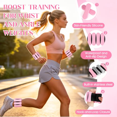 Ankle and Wrist Weights for Women & Men, Adjustable Leg & Arm Weights Set of 2 (1Lbs Each), Weighted Bangles Fits for Yoga, Pilates, Home Gym, Strength Training - color: Pink