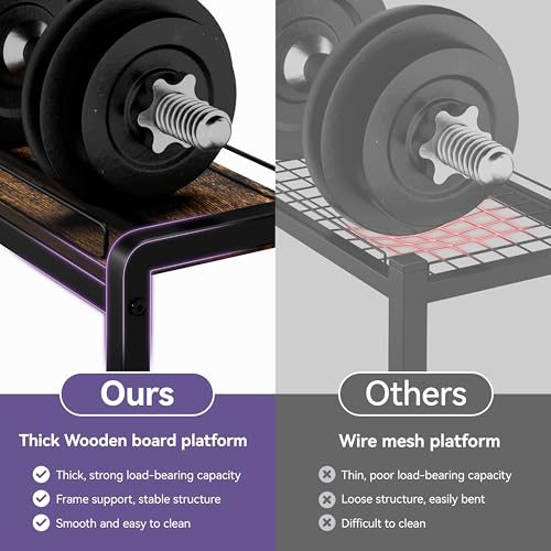 Dumbbell Rack with Wheels, 3-Tier Home Gym Storage Rack, Workout Equipment Organizer with Lockable Casters, Hooks, Side Basket and Wood Shelves