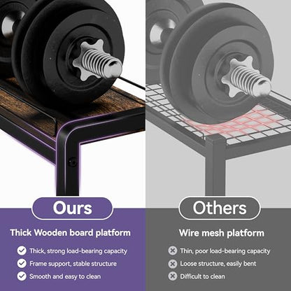 Dumbbell Rack with Wheels, 3-Tier Home Gym Storage Rack, Workout Equipment Organizer with Lockable Casters, Hooks, Side Basket and Wood Shelves