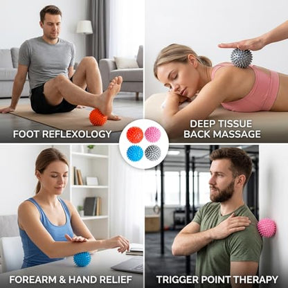 4-Pack Spiky Massage Balls, Massage Ball for Feet, Back, Feet, Hands, Muscles, Soft Spiked Massager Rollers for Plantar Fasciitis Relief, Myofascial Release, Acupressure and Stress Relief, 2.7 Inch