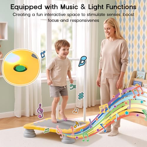 25" Toddler Trampoline with LED Lights & Music, Indoor Mini Kids Trampoline with Handlebar, Non-Slip Sensory Balance Training Bounce Board for Boy Girl Ages 3+, Safety Pad & 220 LBS Max Load
