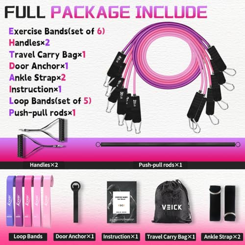 VEICK Pilates Bar Kit with Resistance Bands, Elastic Workout Bands for Men Women, Set of 5 Resistance Loop Bands for Home Fitness Stretching Strength Training