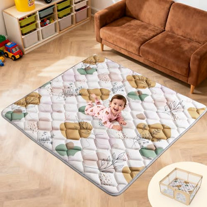 Boho Baby Play Mat - 59x59 Foldable Machine Washable Thick Sponge Padded Floor Mat - Non Slip Tummy Time Playpen Rug for Indoor Outdoor Room Decor