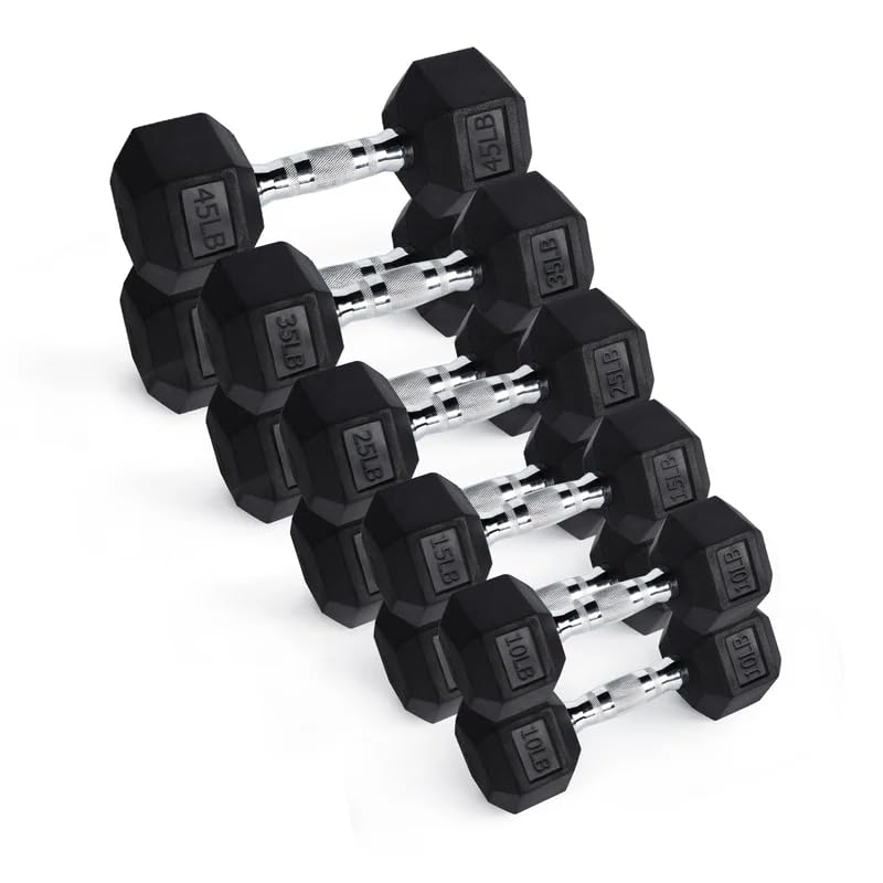 RitFit Rubber Hex Dumbbell Set with Storage Weight Rack - style: 260 LBS (10-45LB)