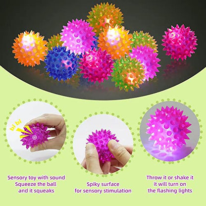 24 Pack Rubber Blinking Squishy Stress Relief Sensory Ball Toys LED Flashing Fidget Spiky Therapy Balls or Kids Teens Adults Stress Relief Party Favors - style: 24 Pack