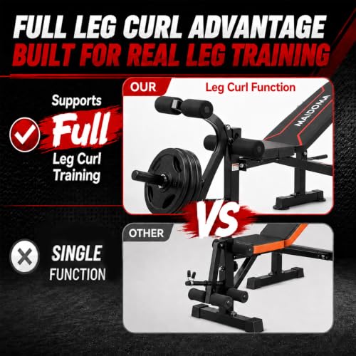 MAIDOMA 8 IN 1 Standard Weight Bench Set with Leg Extension and Leg Curl, Fast Folding & Adjustable Workout Bench for Home Gym,Adjustable Bench Press with Squat Rack.（US Stock） - color: wine red