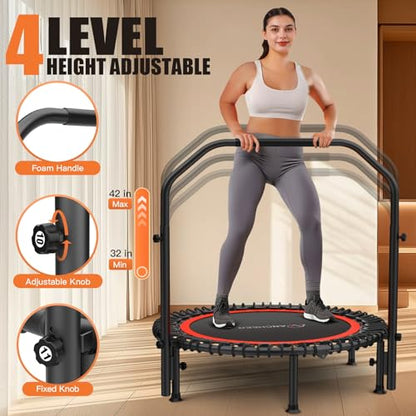 ANCHEER 48" Foldable Rebounder Trampoline for Adults/Kids with Resistance Bands and Bungees, Indoor & Outdoor Mini Trampoline with Bar and Safety Padding - Max Load 450lbs (Deep Red)