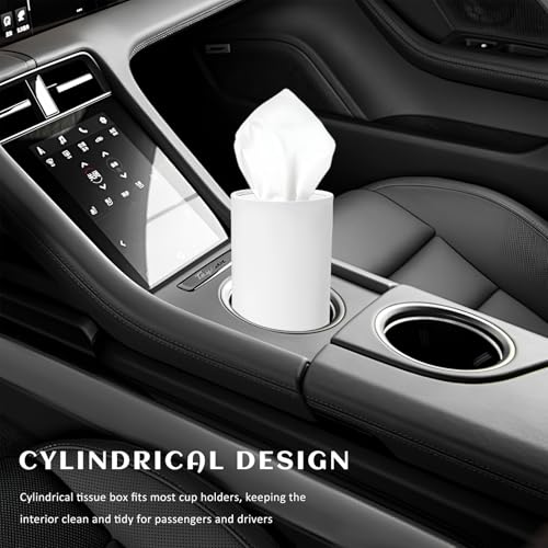 4PCS Car Tissue Holder, Round Tube Car Tissues Box Stylish Cup Holder Decor with Facial Tissues, Portable Cylinder Refillable Paper Napkin Container for Vehicle Home Office (White)