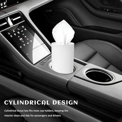 4PCS Car Tissue Holder, Round Tube Car Tissues Box Stylish Cup Holder Decor with Facial Tissues, Portable Cylinder Refillable Paper Napkin Container for Vehicle Home Office (White)