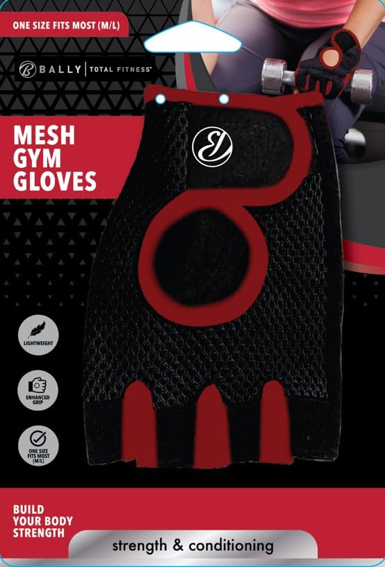 Bally - Gym Gloves, Mesh Workout Gloves with Foam Padded Palm for Grip, Lightweight & Breathable, One Size Fitness Training Gloves for Weightlifting Gym Exercise (2 Pack, Black/Red)